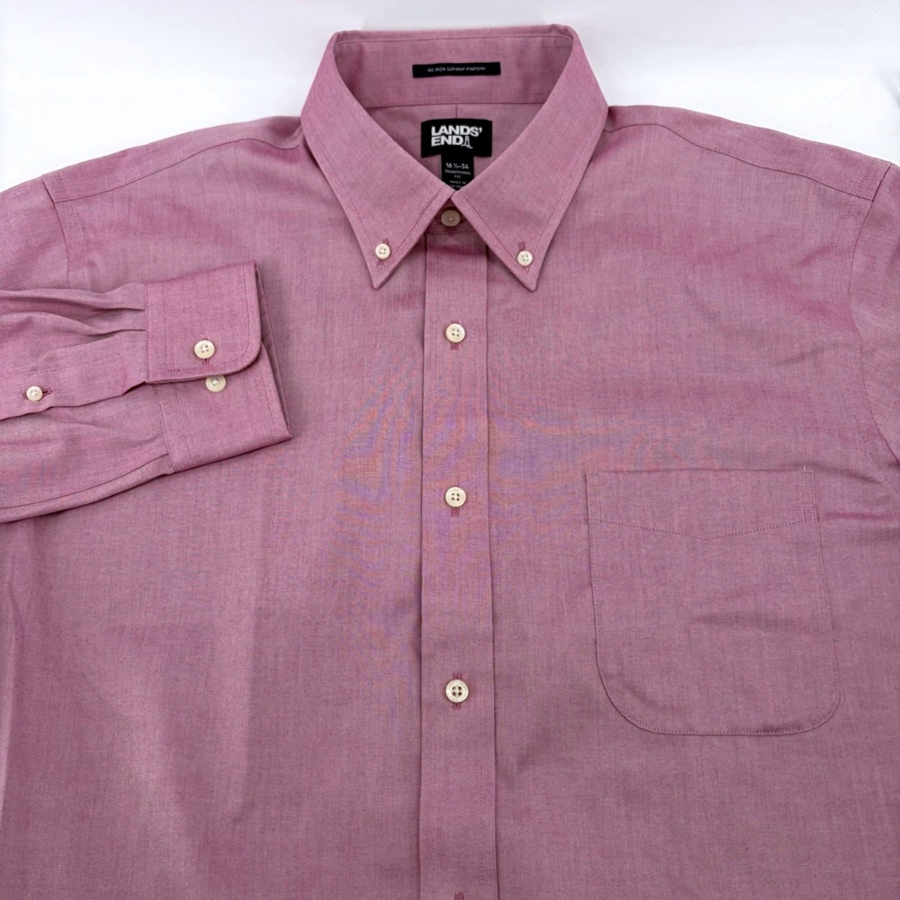 Lands End Mens NEW No Iron Supima Pinpoint Shirt 16.5-34Burgundy Traditional Fit